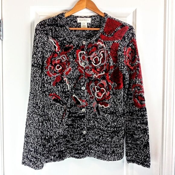 Susan Bristol Hand-Embroidered Red Black White Grey Cardigan - Picture 1 of 6